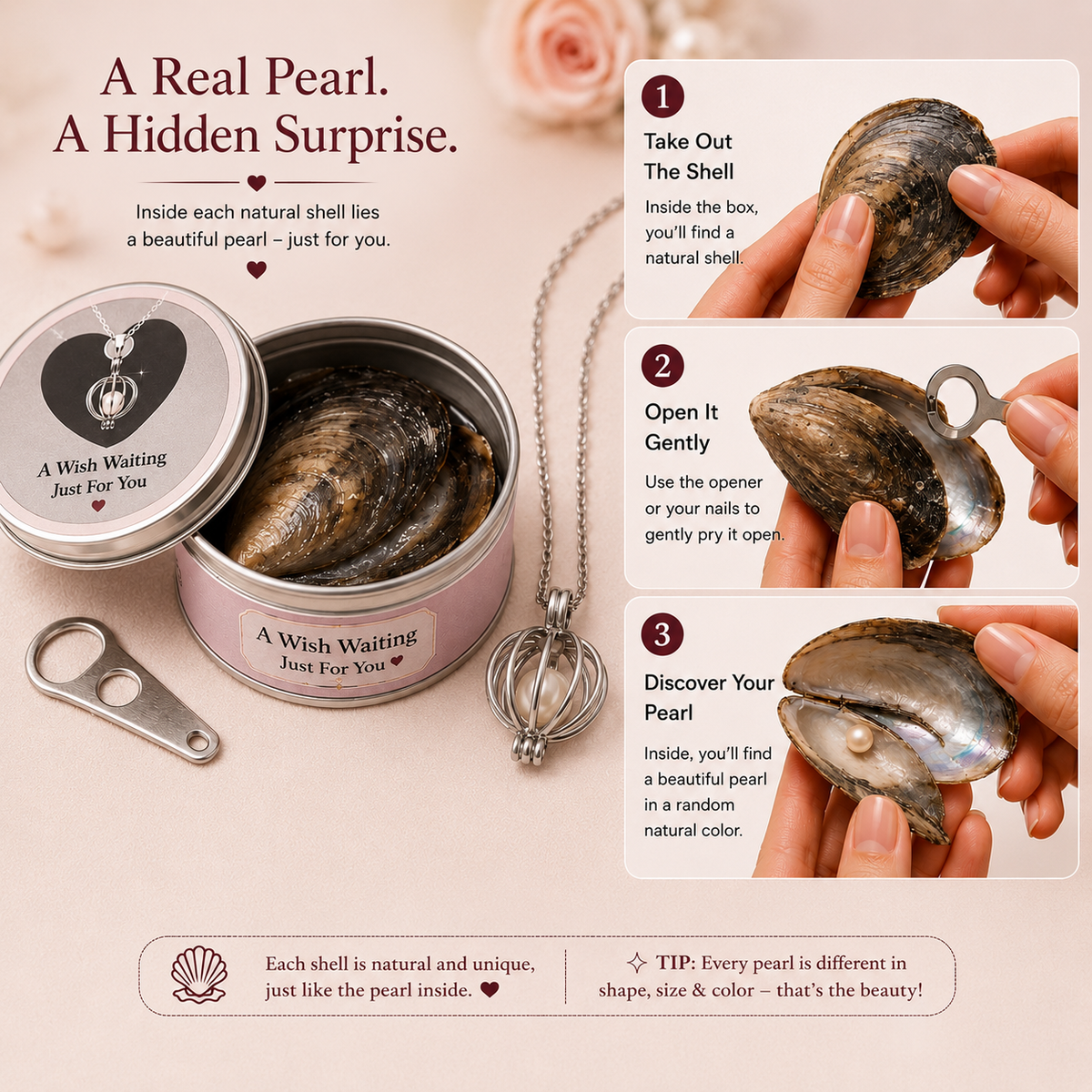 Pearl Necklace Gift Set - Elegant Heart Box & Inspirational Card