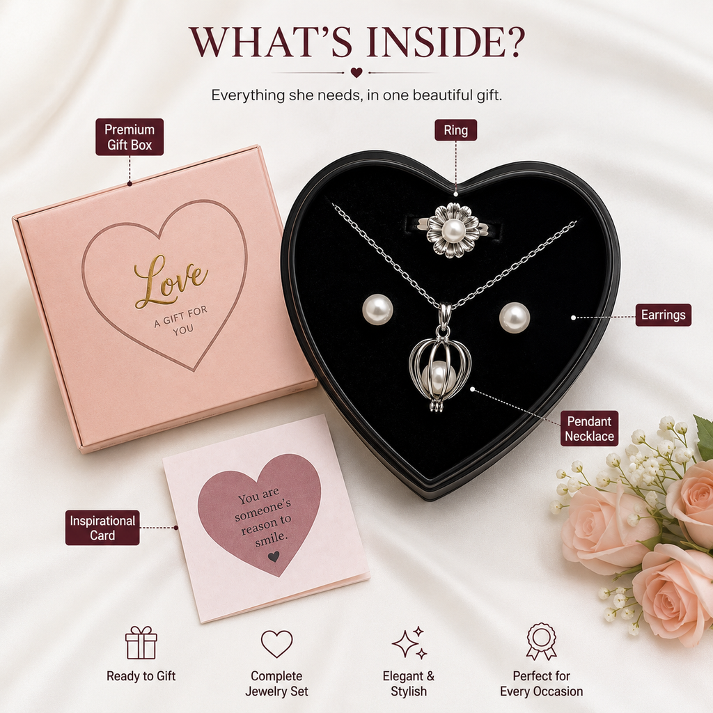Pearl Necklace Gift Set - Elegant Heart Box & Inspirational Card