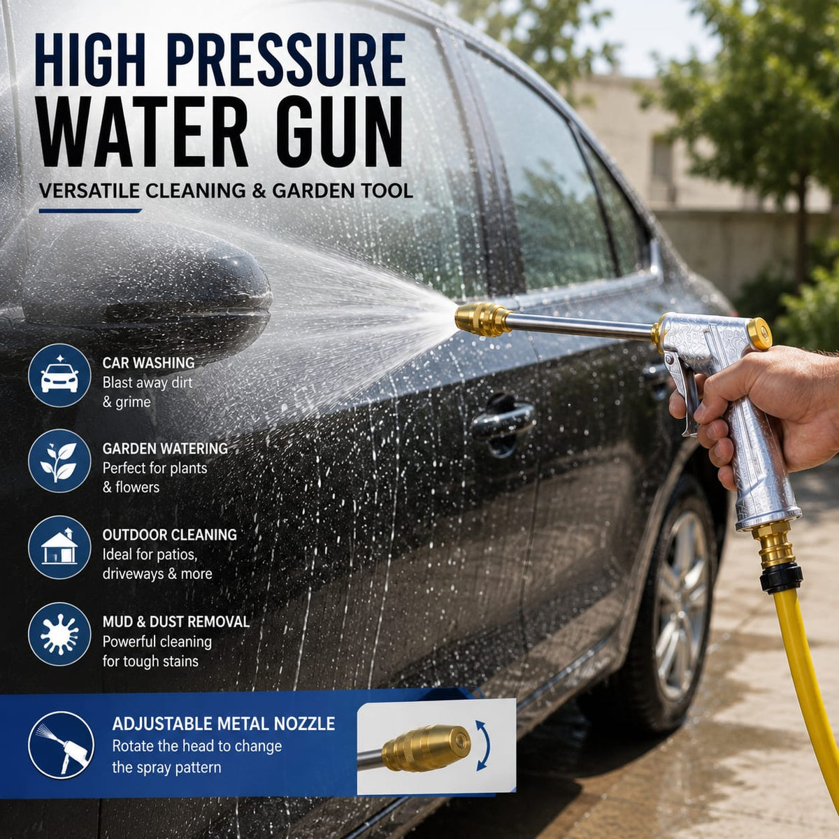 High Pressure Water Gun - Adjustable Metal Nozzle for Car Wash, Garden & Outdoor Cleaning