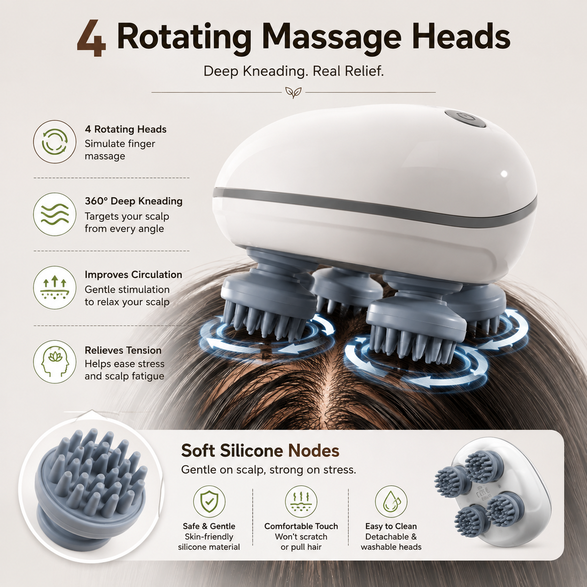 Portable USB Rechargeable Scalp Massager with 4 Rotating Massage Heads