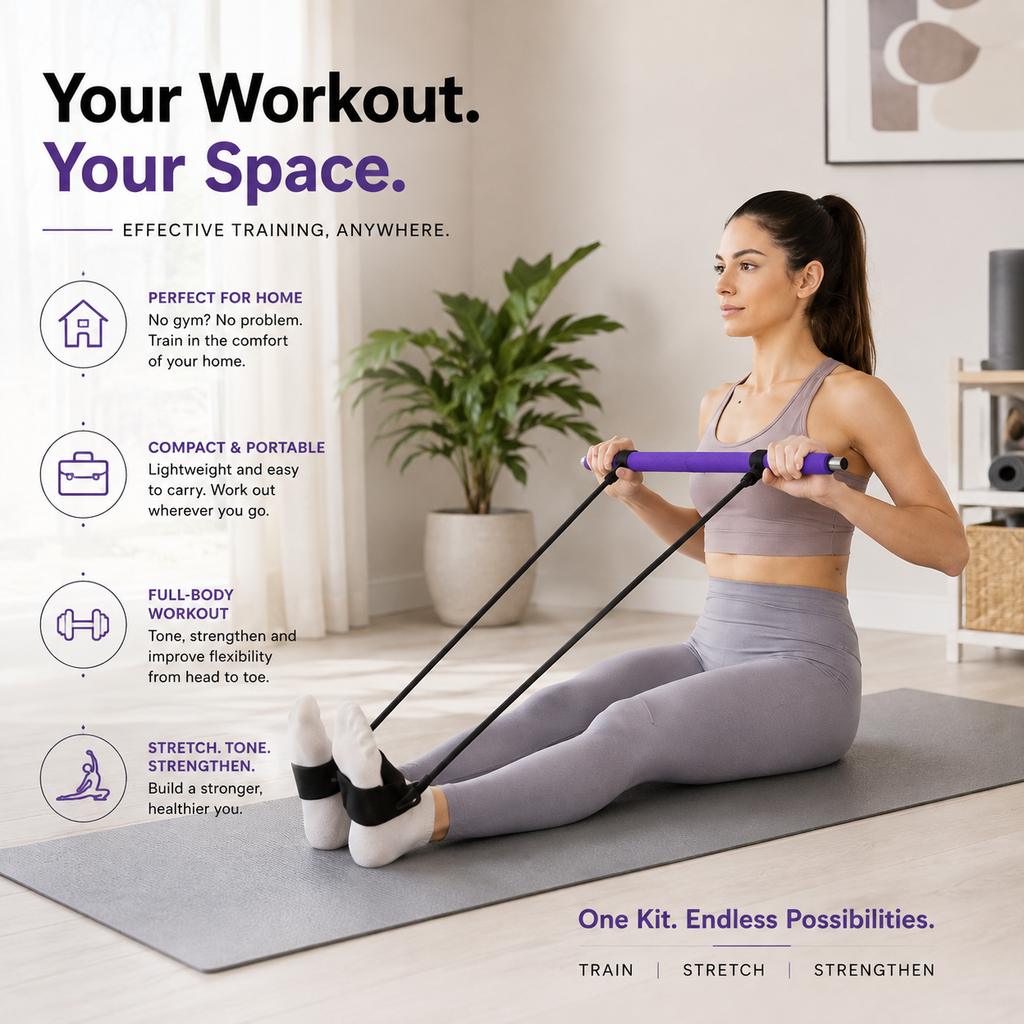 Pilates Resistance Bar with Bands - Full Body Home Workout & Stretching Kit