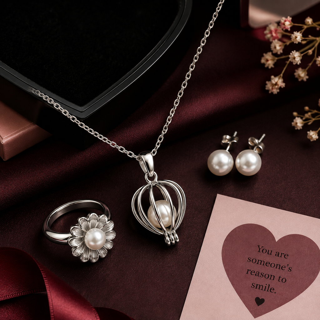 Pearl Necklace Gift Set - Elegant Heart Box & Inspirational Card