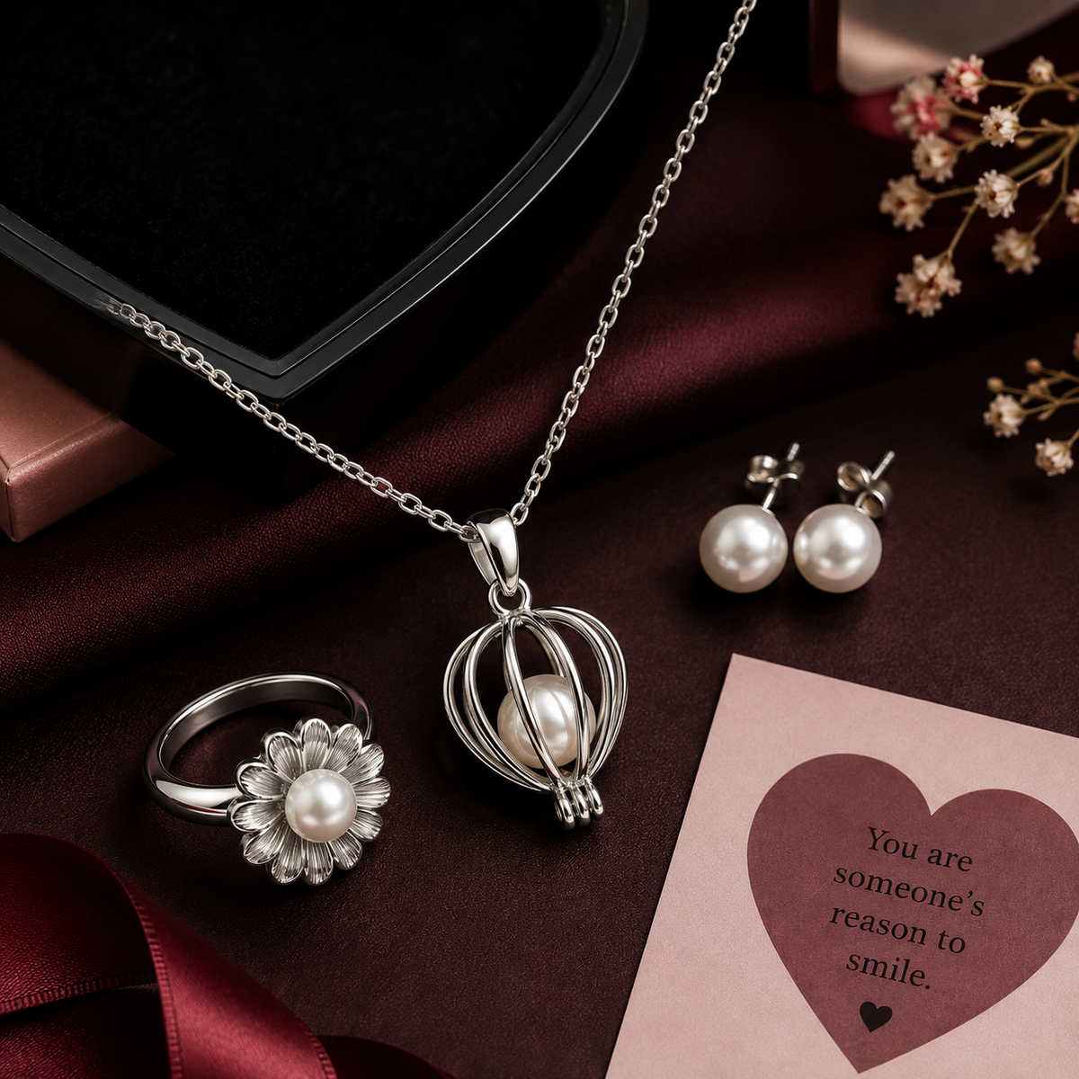 Pearl Necklace Gift Set - Elegant Heart Box & Inspirational Card
