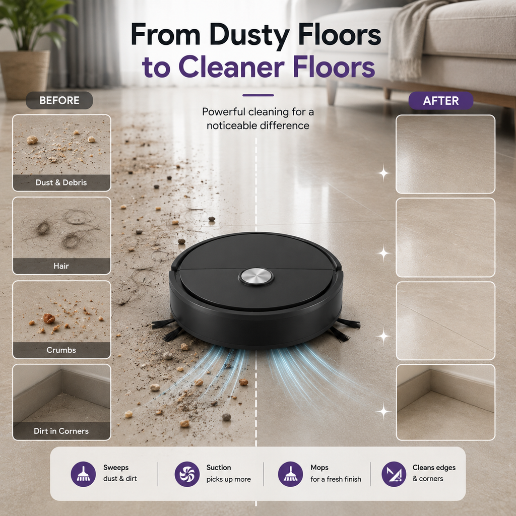 Mini 3-in-1 Robot Vacuum Cleaner --- Sweeping, suction, Mopping| Compact & Quiet