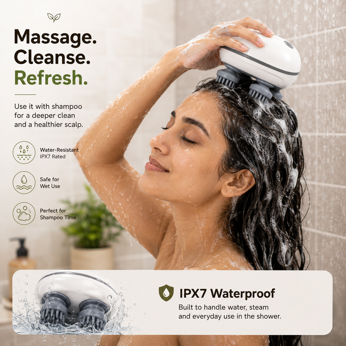 Portable USB Rechargeable Scalp Massager with 4 Rotating Massage Heads