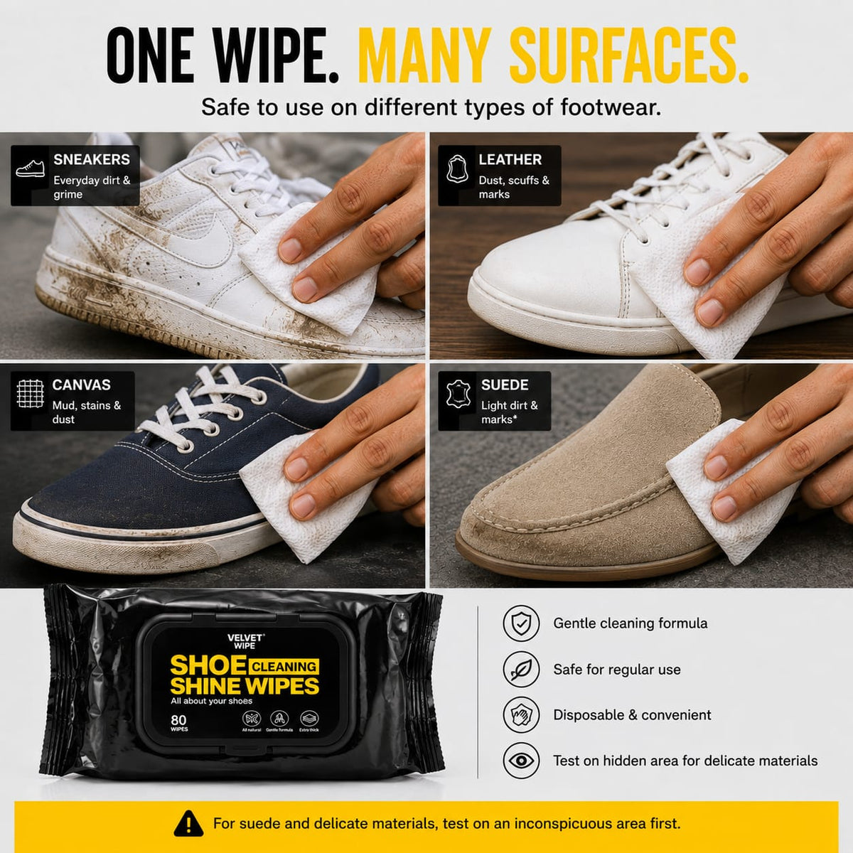 Show Cleaning Wet Wipes - 80 Pack | Instant Shoe Cleaner & Shine Wipes