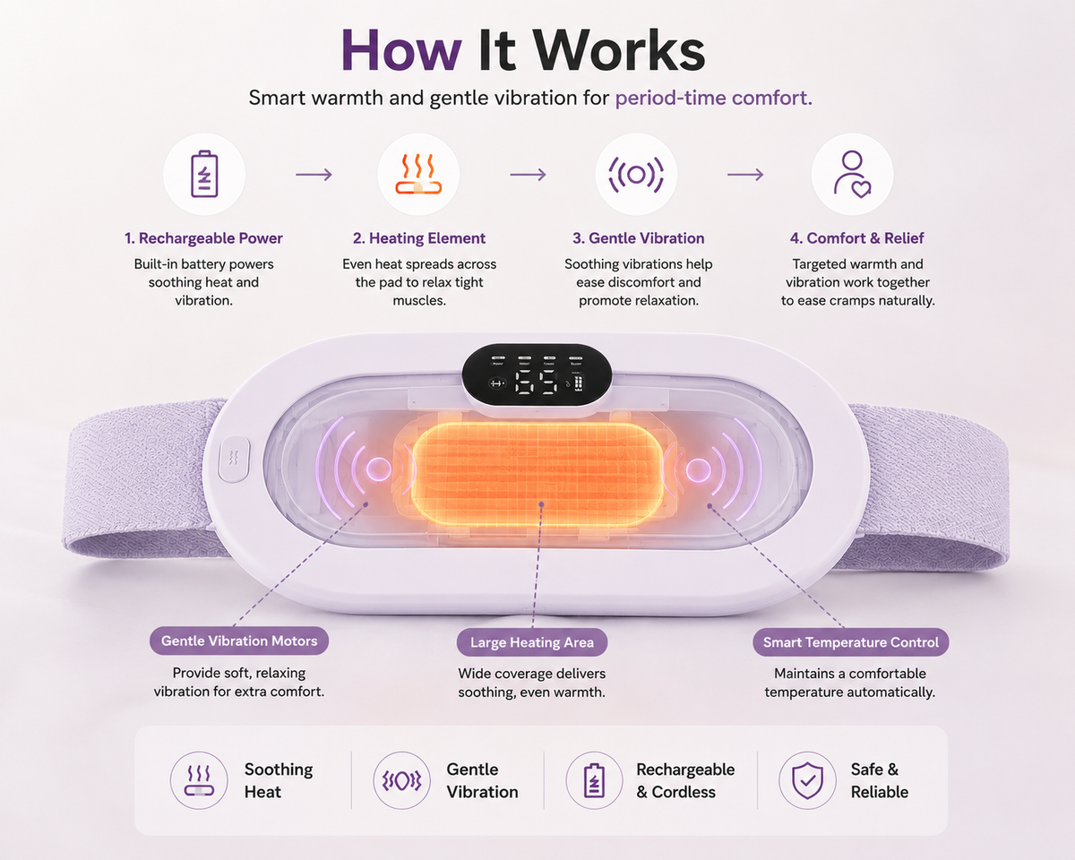 Smart Period Cramp Relief Belt -- Wearable Heat & Gentle Vibration Therapy