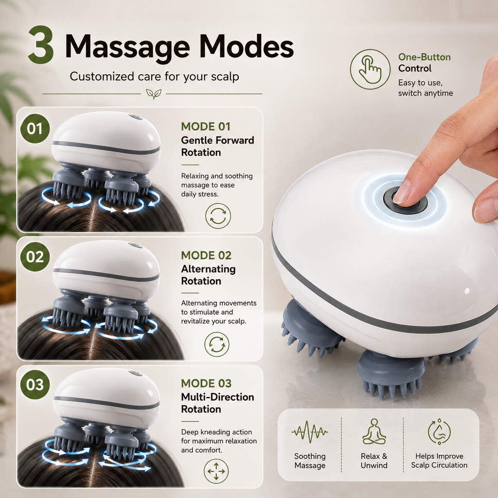 Portable USB Rechargeable Scalp Massager with 4 Rotating Massage Heads