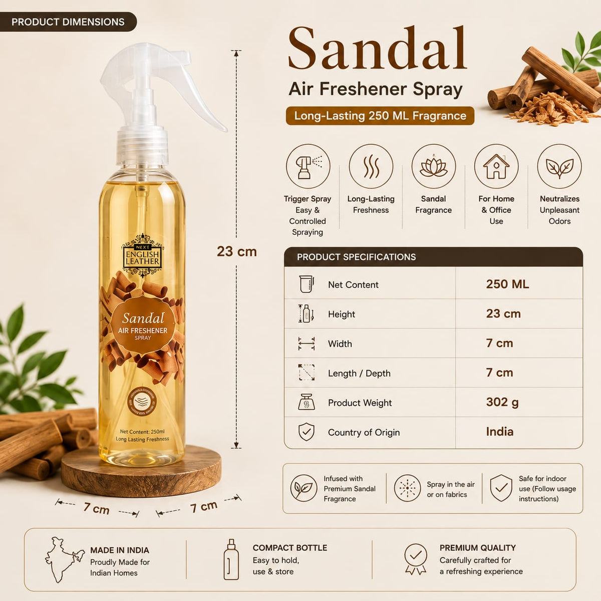 Sandal Air Freshener Spray - 250 ML | Long-Lasting Fragrance for Home, Room & Office