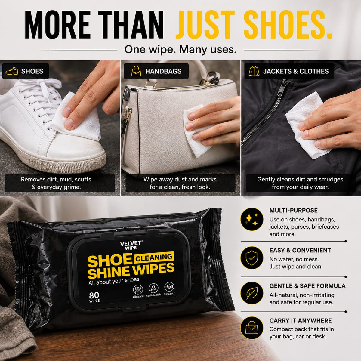 Show Cleaning Wet Wipes - 80 Pack | Instant Shoe Cleaner & Shine Wipes