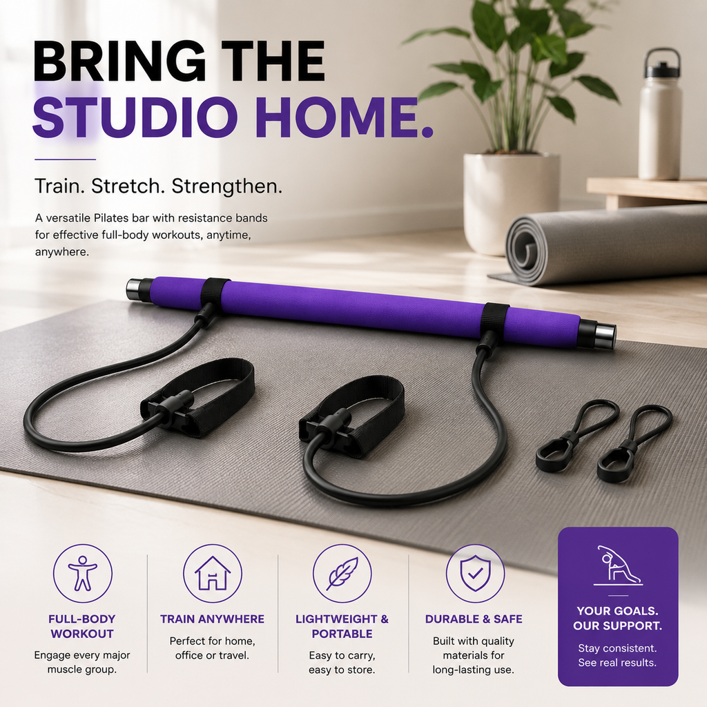 Pilates Resistance Bar with Bands - Full Body Home Workout & Stretching Kit