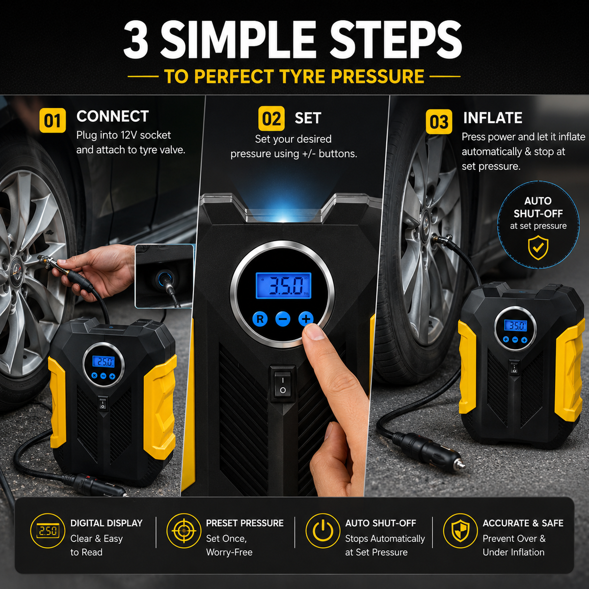 Portable Digital Tyre inflator --- 12V Electric Air Compressor or car Car & Bike
