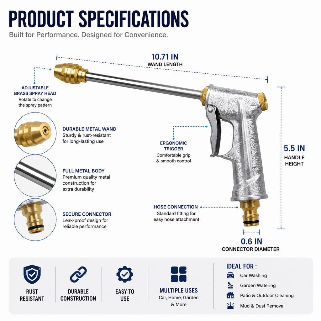 High Pressure Water Gun - Adjustable Metal Nozzle for Car Wash, Garden & Outdoor Cleaning
