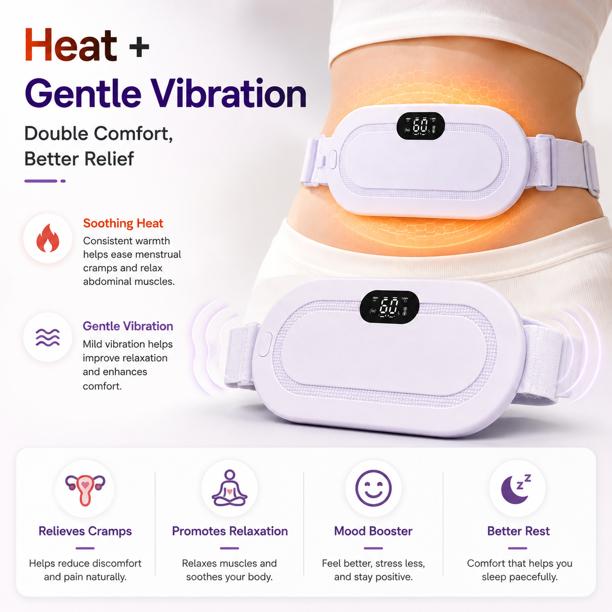 Smart Period Cramp Relief Belt -- Wearable Heat & Gentle Vibration Therapy
