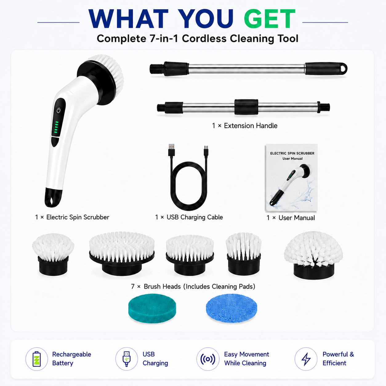 7-in-1 Cordless Electric Spin Scrubber with Extension Handle