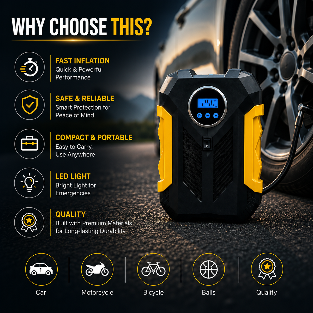 Portable Digital Tyre inflator --- 12V Electric Air Compressor or car Car & Bike