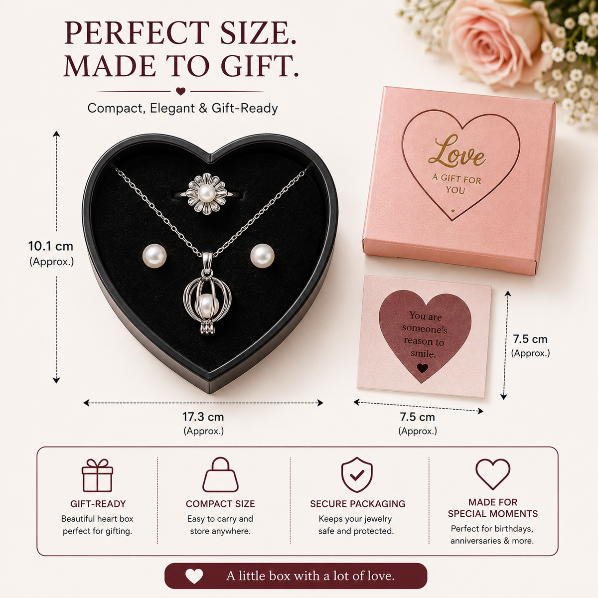 Pearl Necklace Gift Set - Elegant Heart Box & Inspirational Card