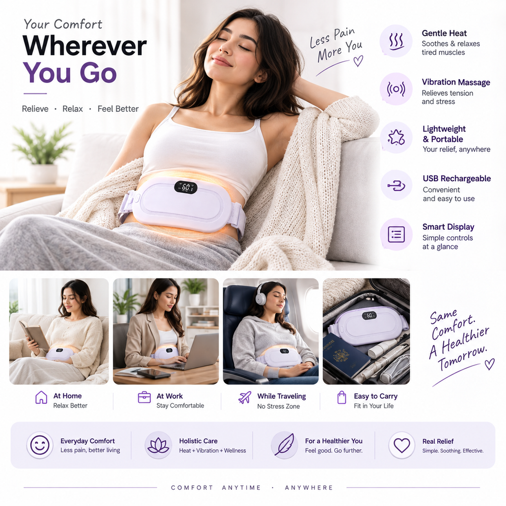Smart Period Cramp Relief Belt -- Wearable Heat & Gentle Vibration Therapy