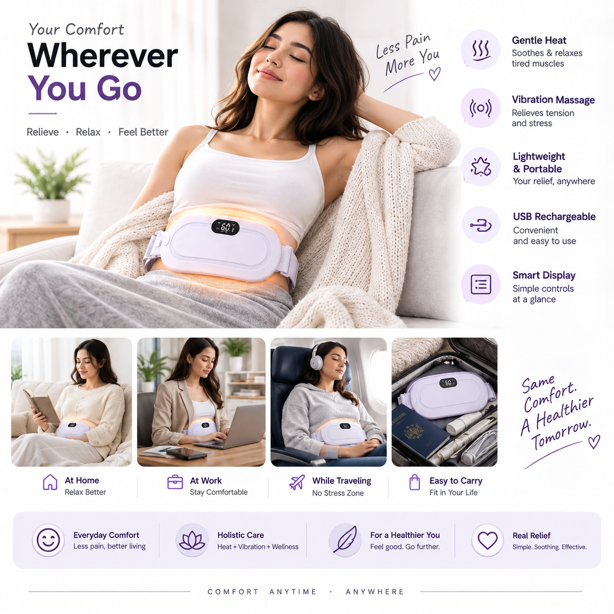 Smart Period Cramp Relief Belt -- Wearable Heat & Gentle Vibration Therapy