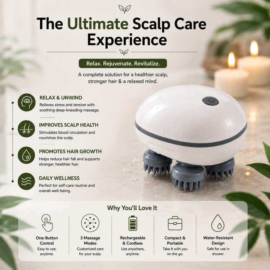 Portable USB Rechargeable Scalp Massager with 4 Rotating Massage Heads