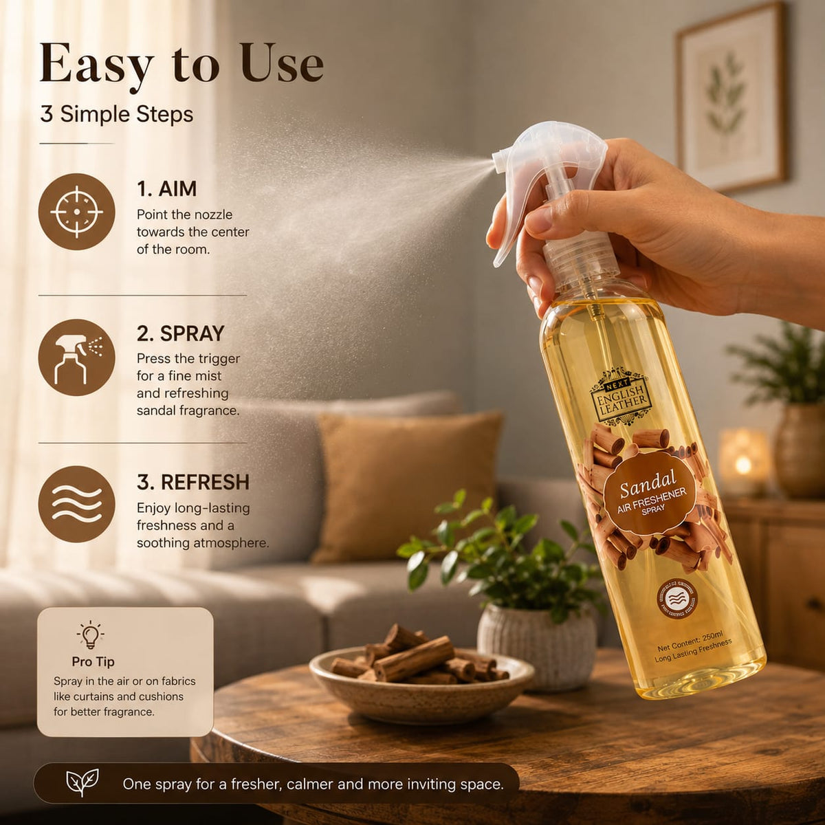 Sandal Air Freshener Spray - 250 ML | Long-Lasting Fragrance for Home, Room & Office