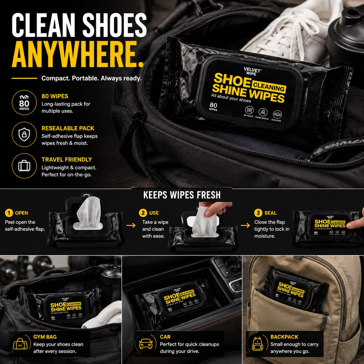 Show Cleaning Wet Wipes - 80 Pack | Instant Shoe Cleaner & Shine Wipes