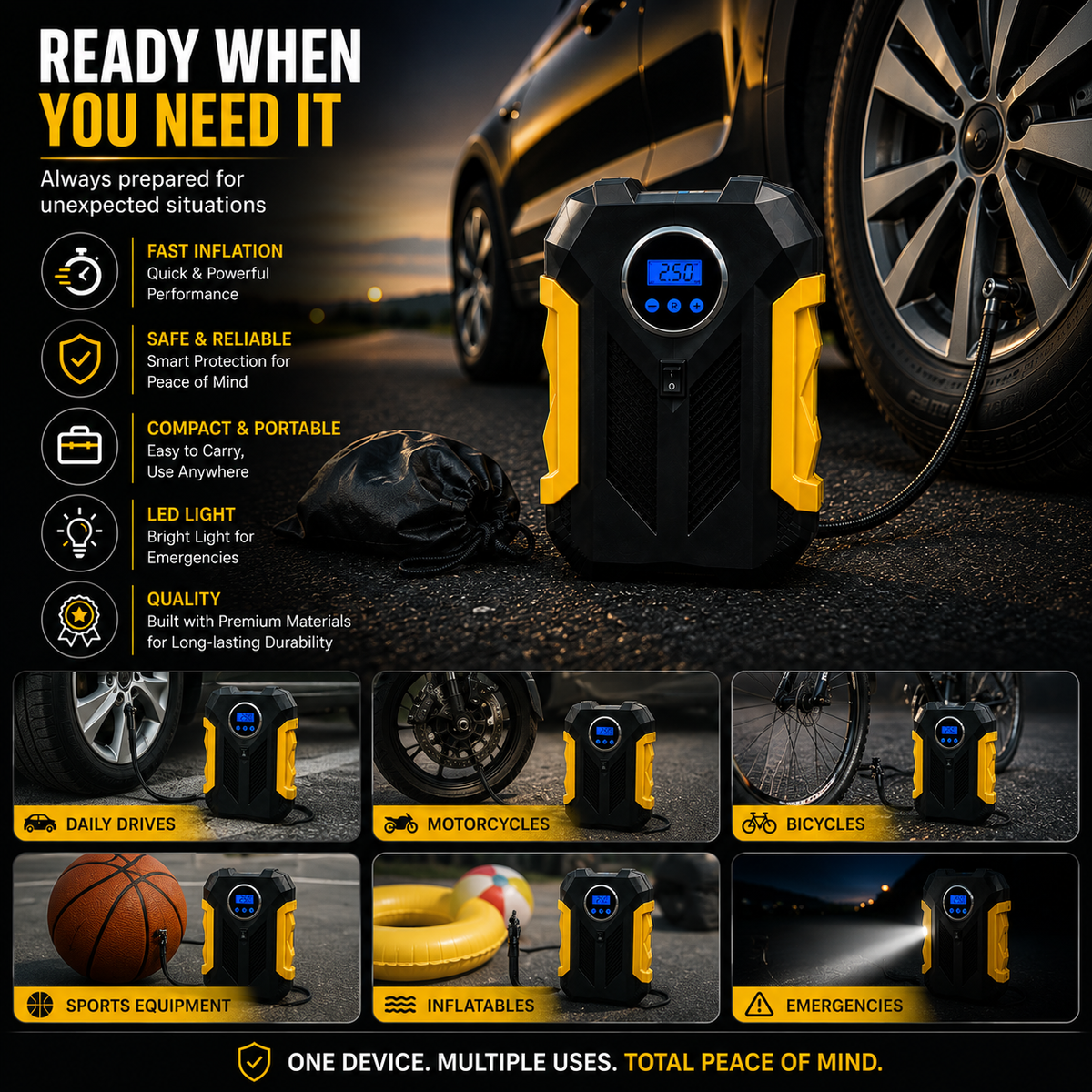 Portable Digital Tyre inflator --- 12V Electric Air Compressor or car Car & Bike
