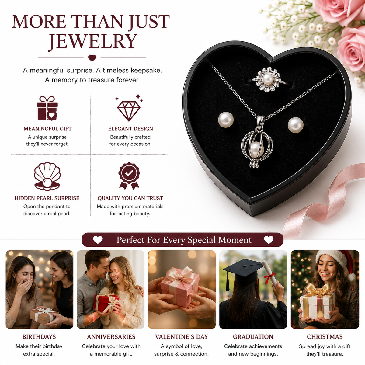 Pearl Necklace Gift Set - Elegant Heart Box & Inspirational Card