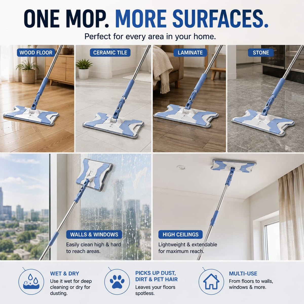 360° Rotating Flat Floor Mop with Telescopic Handle & Microfiber Cloth