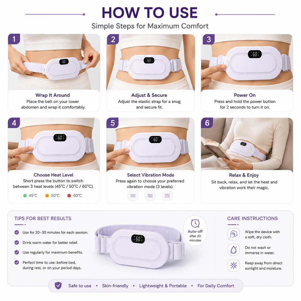 Smart Period Cramp Relief Belt -- Wearable Heat & Gentle Vibration Therapy
