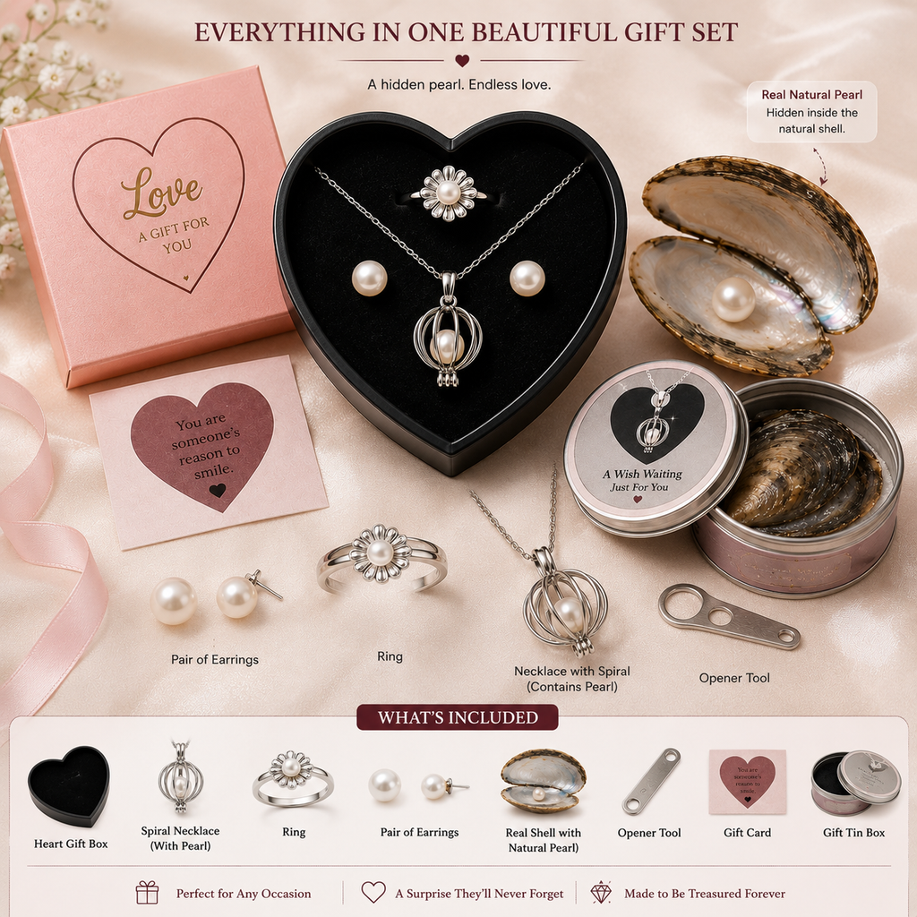 Pearl Necklace Gift Set - Elegant Heart Box & Inspirational Card