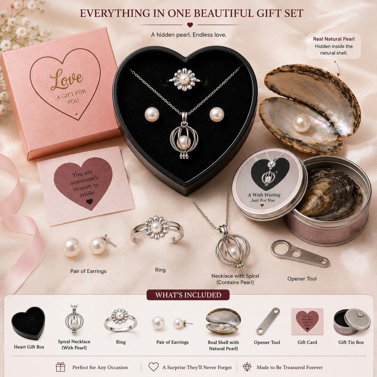 Pearl Necklace Gift Set - Elegant Heart Box & Inspirational Card