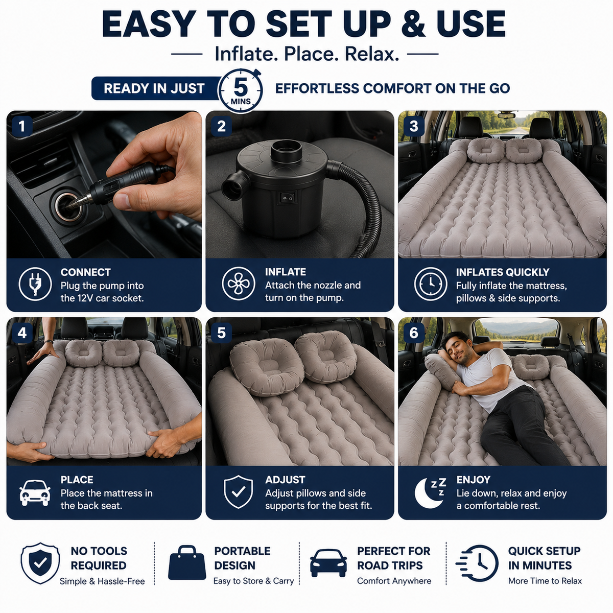 Inflatable Car Bed -- Portable Travel Mattress with Air Pump