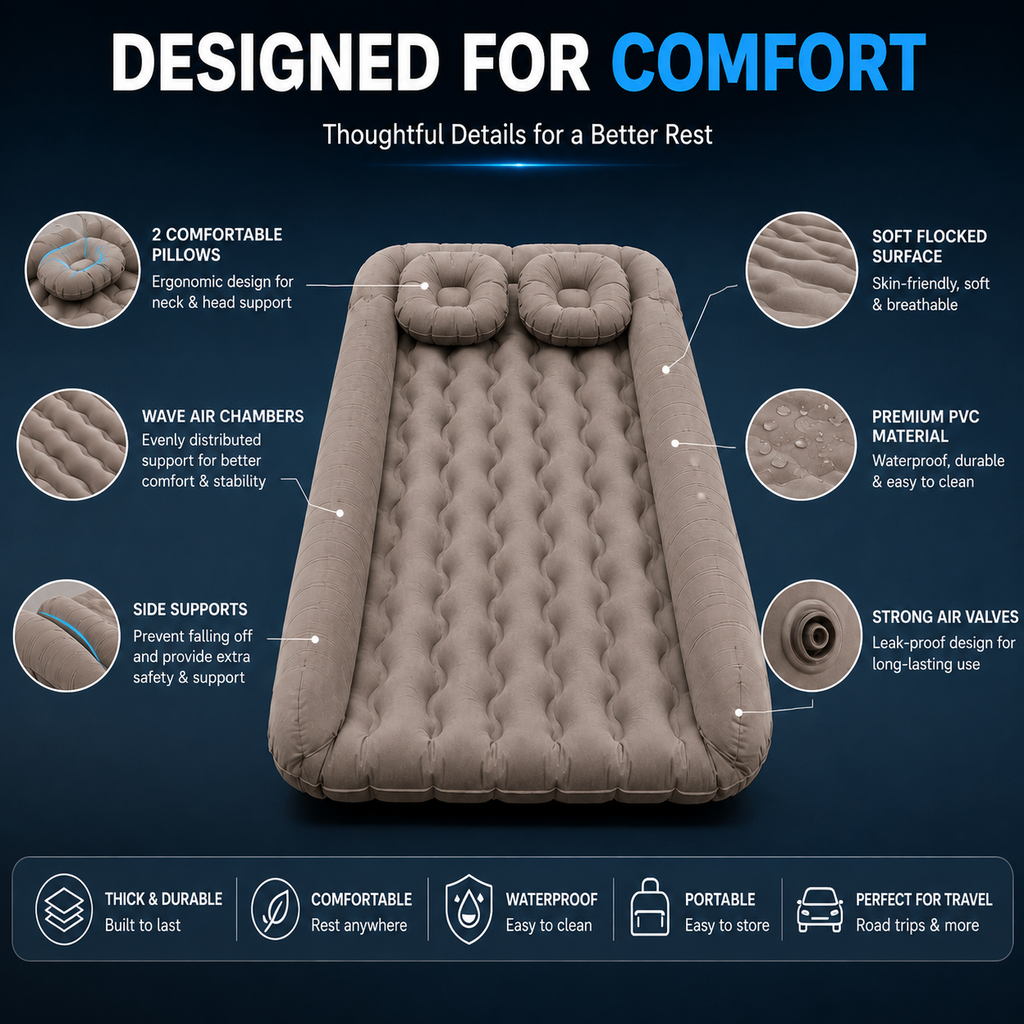 Inflatable Car Bed -- Portable Travel Mattress with Air Pump