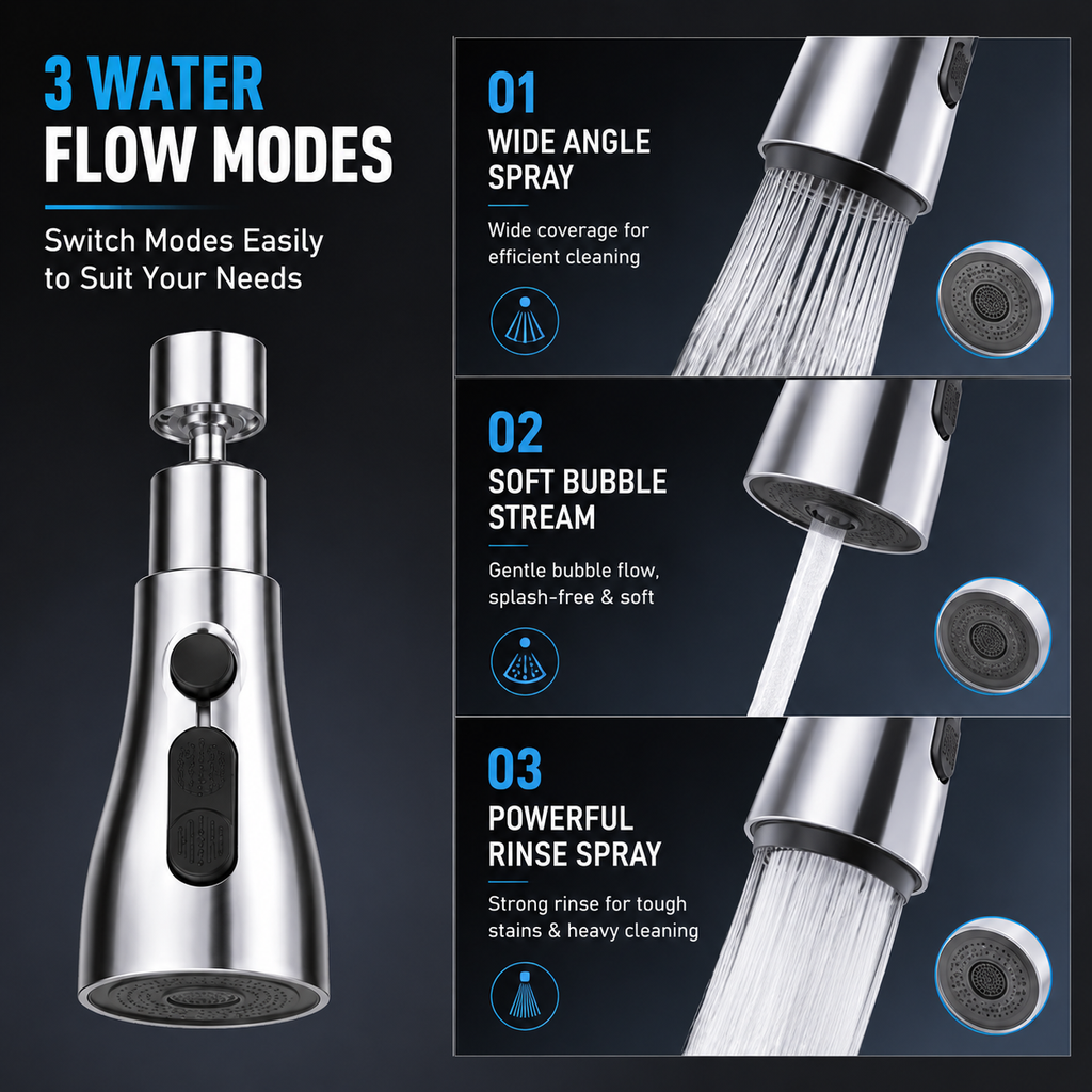 360° Rotating Faucet Extension Nozzle with 3 Water Flow Modes | Adjustable Tap Extender For Kitchen Sink & Basin