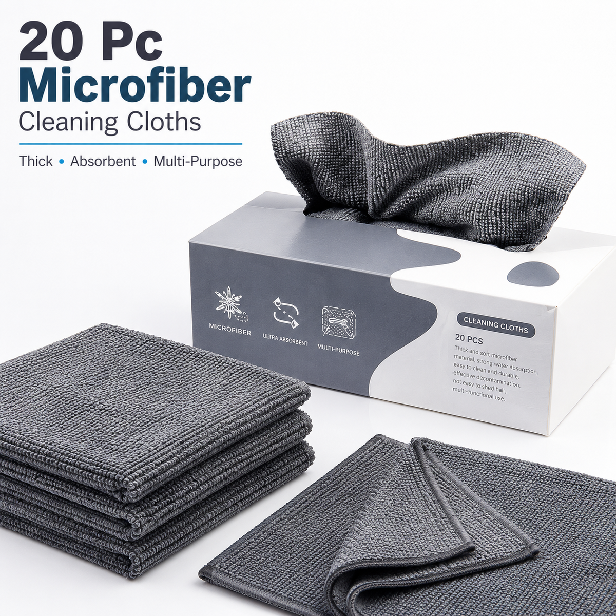 20 Pc Thick Microfiber Cleaning Cloth | Ultra Absorbent, Low-Lint & Multi-Purpose Reusable Wipes