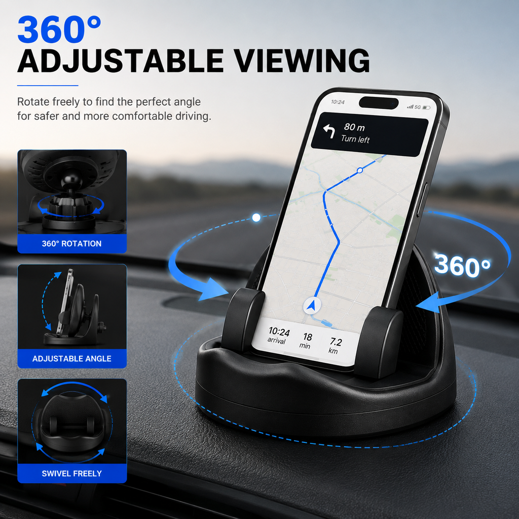 2-in-1 360° Rotatable Anti Slip Car Phone Holder | Dashboard Mount with Adjustable Viewing Angle