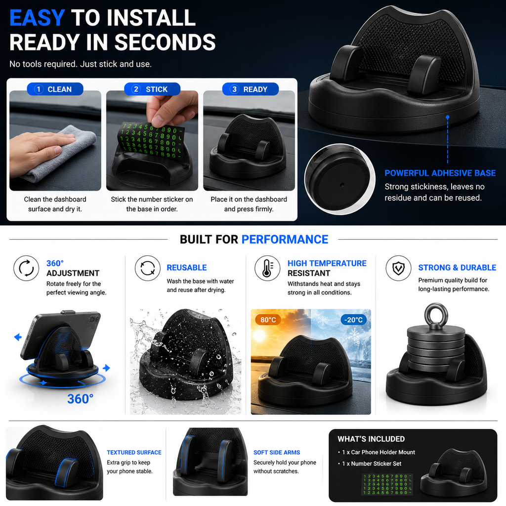 2-in-1 360° Rotatable Anti Slip Car Phone Holder | Dashboard Mount with Adjustable Viewing Angle