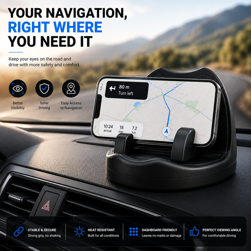 2-in-1 360° Rotatable Anti Slip Car Phone Holder | Dashboard Mount with Adjustable Viewing Angle