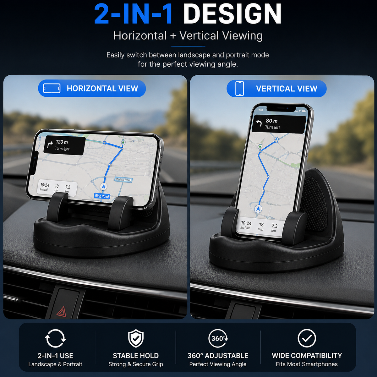 2-in-1 360° Rotatable Anti Slip Car Phone Holder | Dashboard Mount with Adjustable Viewing Angle