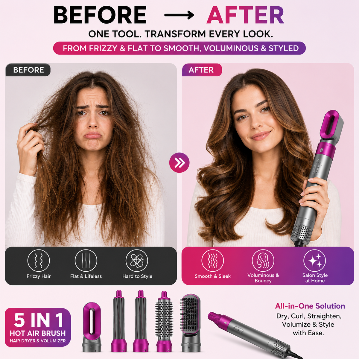 5 in 1 Hot Air Brush Hair Dryer & Volumizer