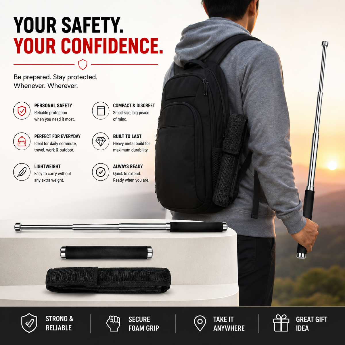 Collapsible Personal Safety Stick - Portable & Compact Safety Tool