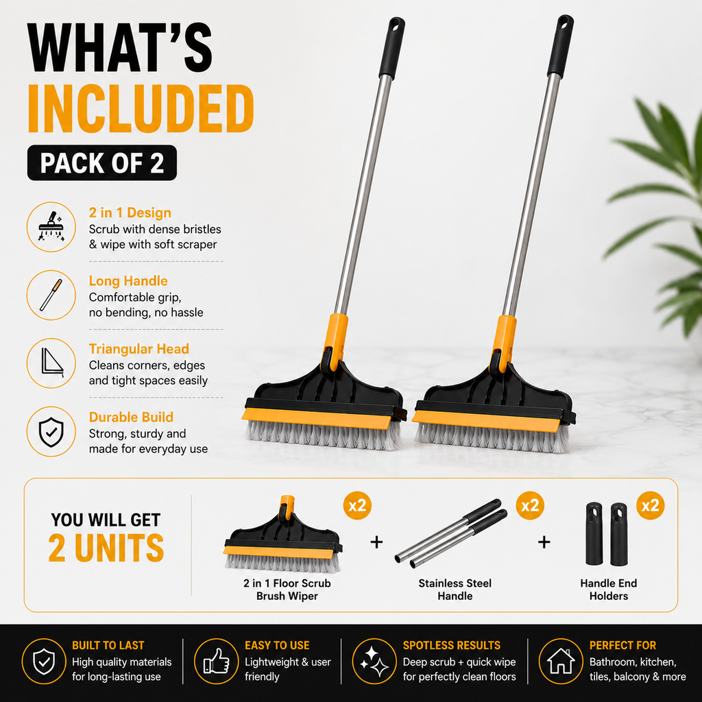 2-in-1 Floor Scrub Cleaning Brush & Wiper - Pack of 2