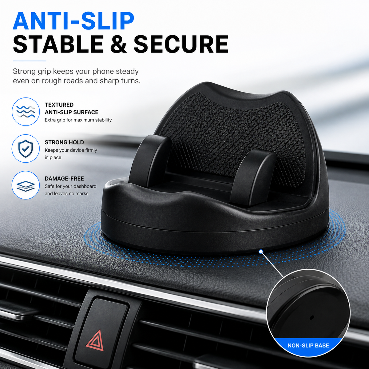2-in-1 360° Rotatable Anti Slip Car Phone Holder | Dashboard Mount with Adjustable Viewing Angle