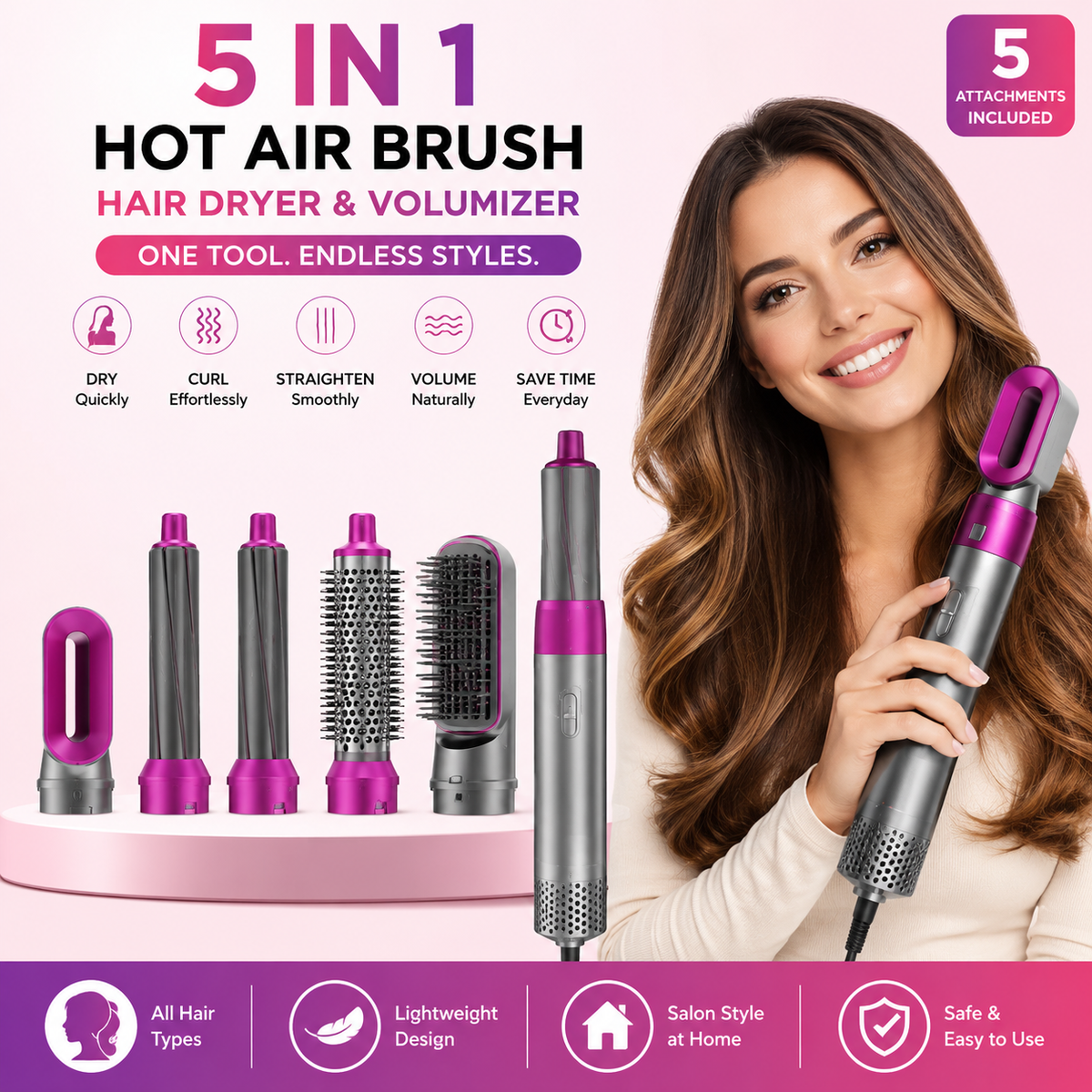 5 in 1 Hot Air Brush Hair Dryer & Volumizer