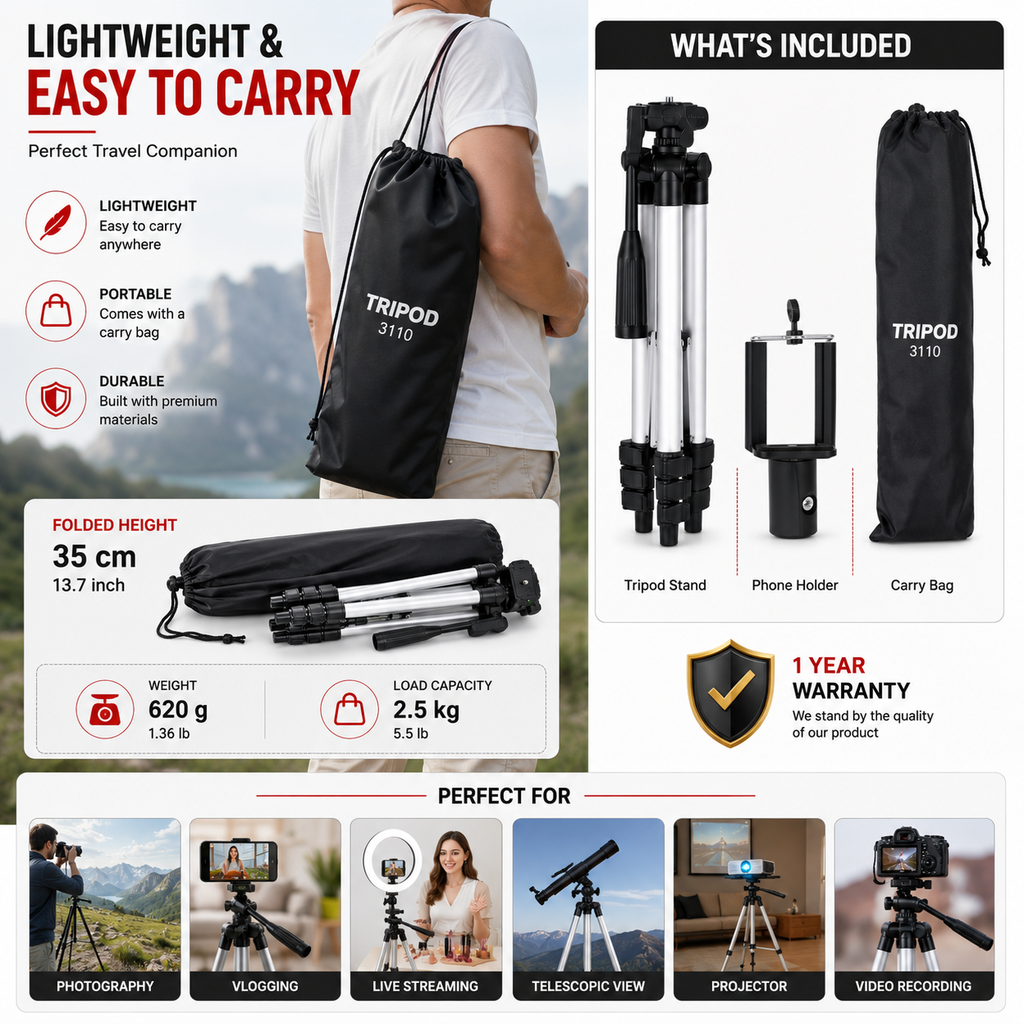 3-Way Adjustable Camera & Mobile Tripod