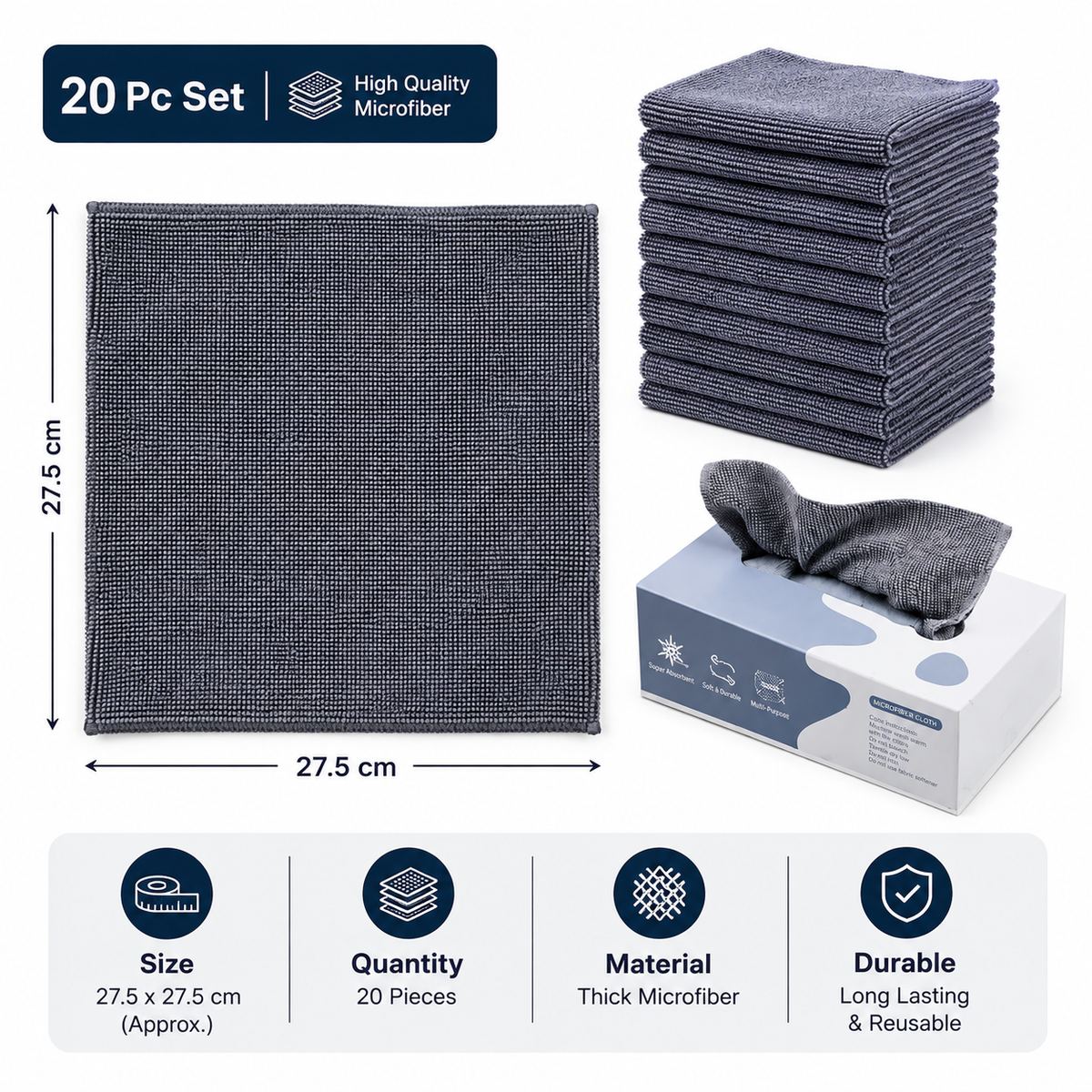 20 Pc Thick Microfiber Cleaning Cloth | Ultra Absorbent, Low-Lint & Multi-Purpose Reusable Wipes