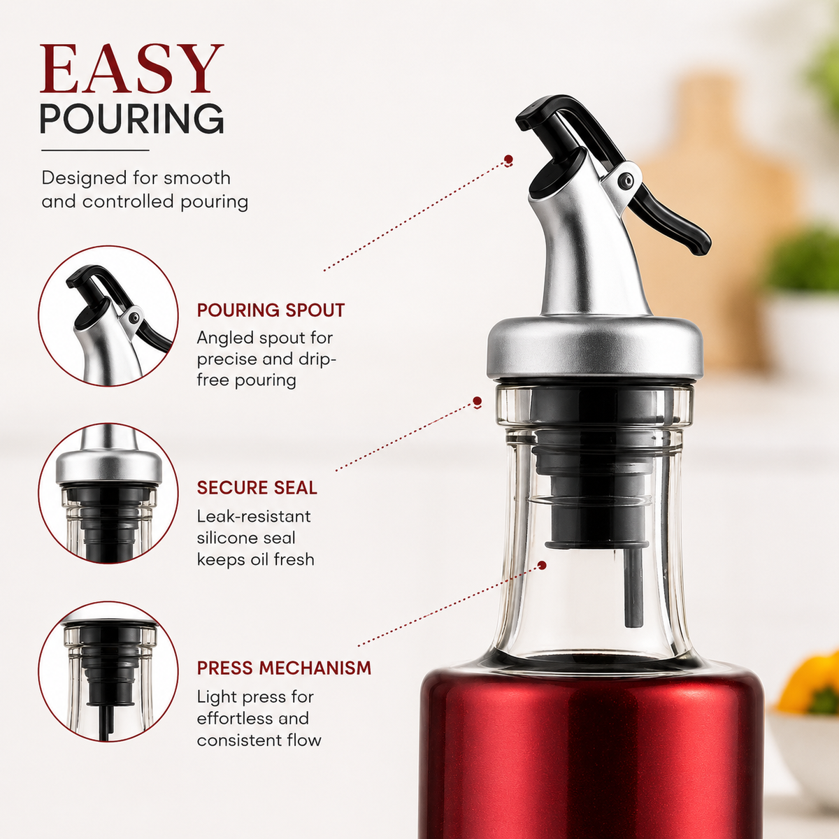 Premium 300ml Glass oil Dispenser with Press-controlled Pouring & Protective Cover
