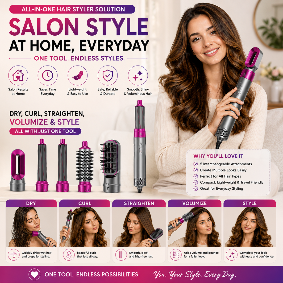 5 in 1 Hot Air Brush Hair Dryer & Volumizer