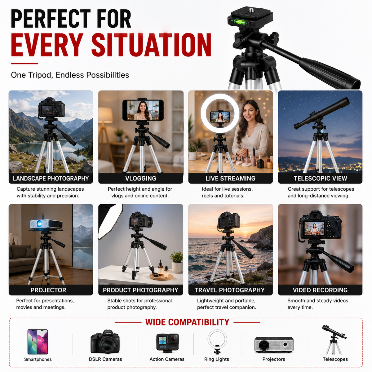 3-Way Adjustable Camera & Mobile Tripod